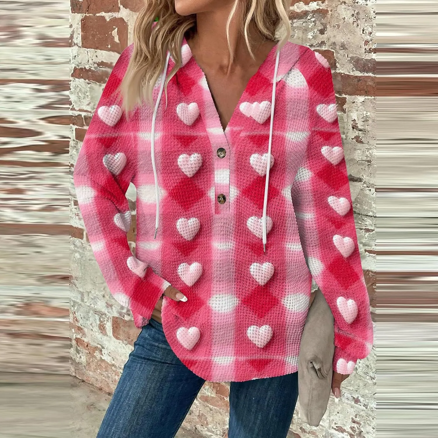 Hoodies For Women Trendy Long Sleeve V Neck Buttons Shirts Fashion Pullover Waffle Kint Tops Oversized Sweatshirts