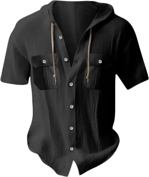 Hoodies Mens Linen Shirts Casual Hooded Button Down Shirt with 2 Pockets Short Sleeve Summer Beach Hippie Shirts Tops