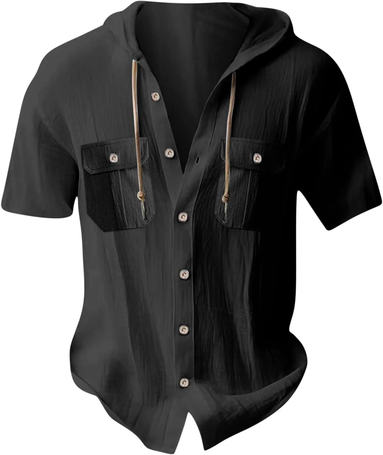 Hoodies Mens Linen Shirts Casual Hooded Button Down Shirt with 2 Pockets Short Sleeve Summer Beach Hippie Shirts Tops