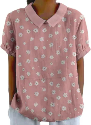 HOTYD Womens Collared Boho Tops Ladies Summer Short Sleeve Floral Blouses Dressy Casual Vintage Graphic Tee Loose Fit