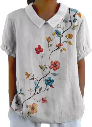 HOTYD Womens Collared Boho Tops Ladies Summer Short Sleeve Floral Blouses Dressy Casual Vintage Graphic Tee Loose Fit