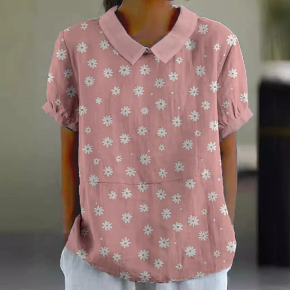 HOTYD Womens Collared Boho Tops Ladies Summer Short Sleeve Floral Blouses Dressy Casual Vintage Graphic Tee Loose Fit