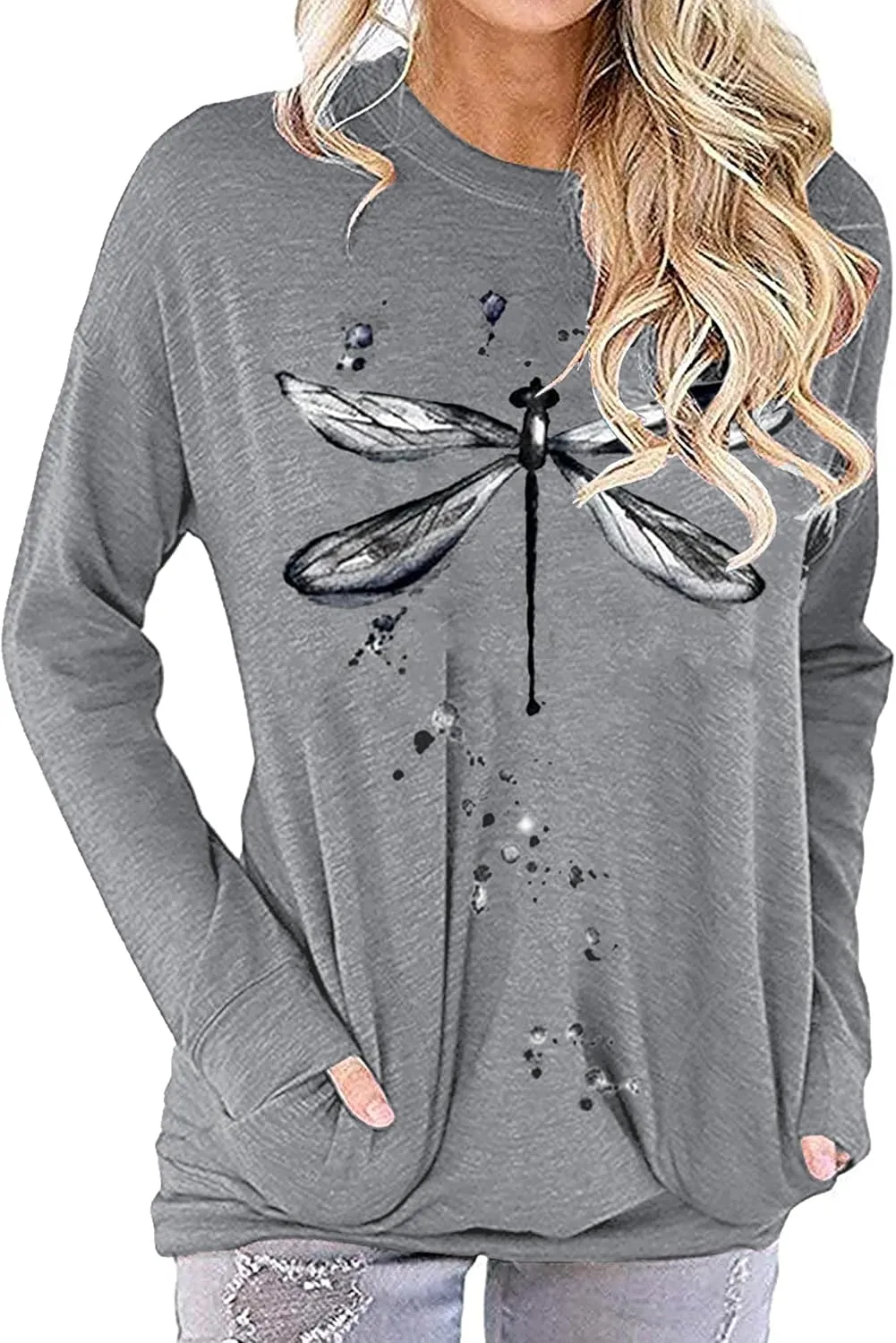 Hount Womens Casual Loose Fit Shirts Long Sleeve Comfy T-Shirts Pullover Sweatshirts With Pockets