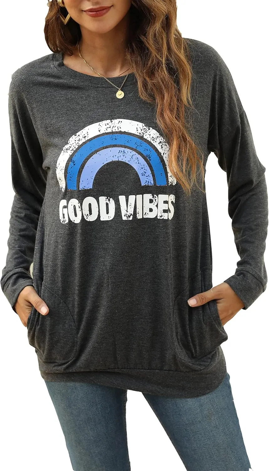 Hount Womens Casual Loose Fit Shirts Long Sleeve Comfy T-Shirts Pullover Sweatshirts With Pockets