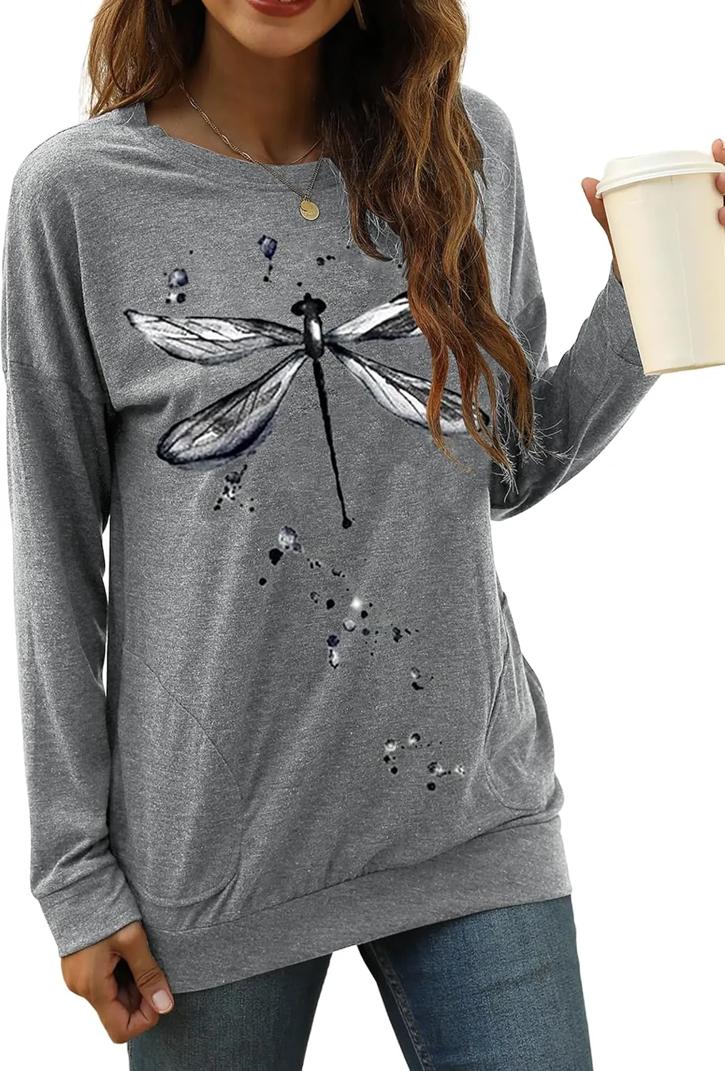 Hount Womens Casual Loose Fit Shirts Long Sleeve Comfy T-Shirts Pullover Sweatshirts With Pockets