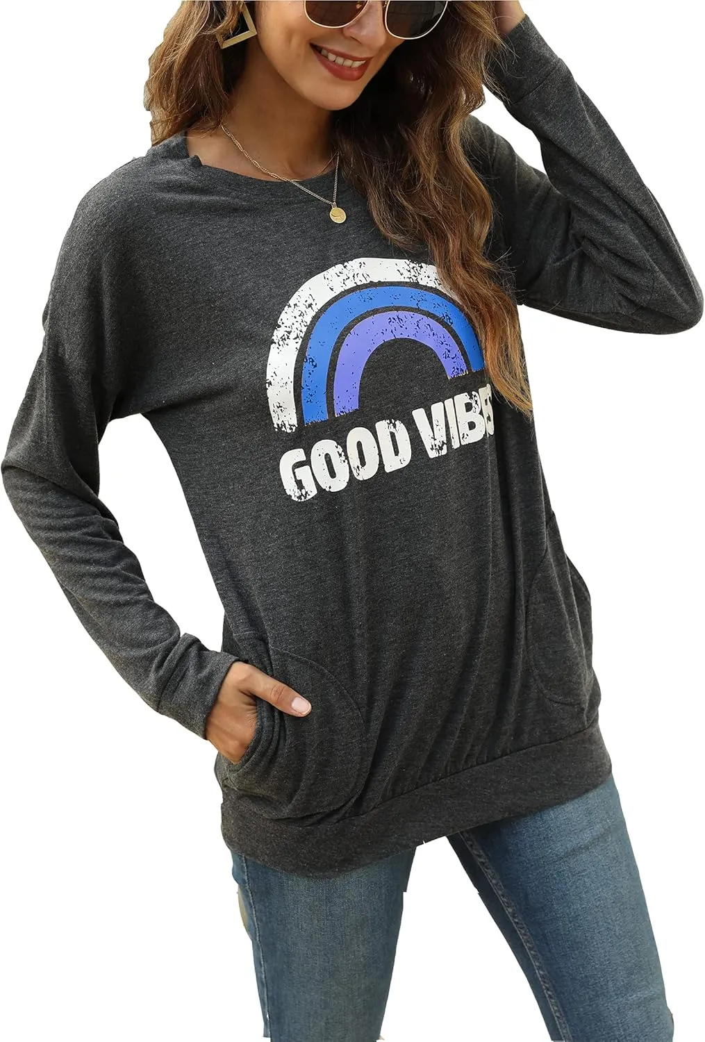 Hount Womens Casual Loose Fit Shirts Long Sleeve Comfy T-Shirts Pullover Sweatshirts With Pockets