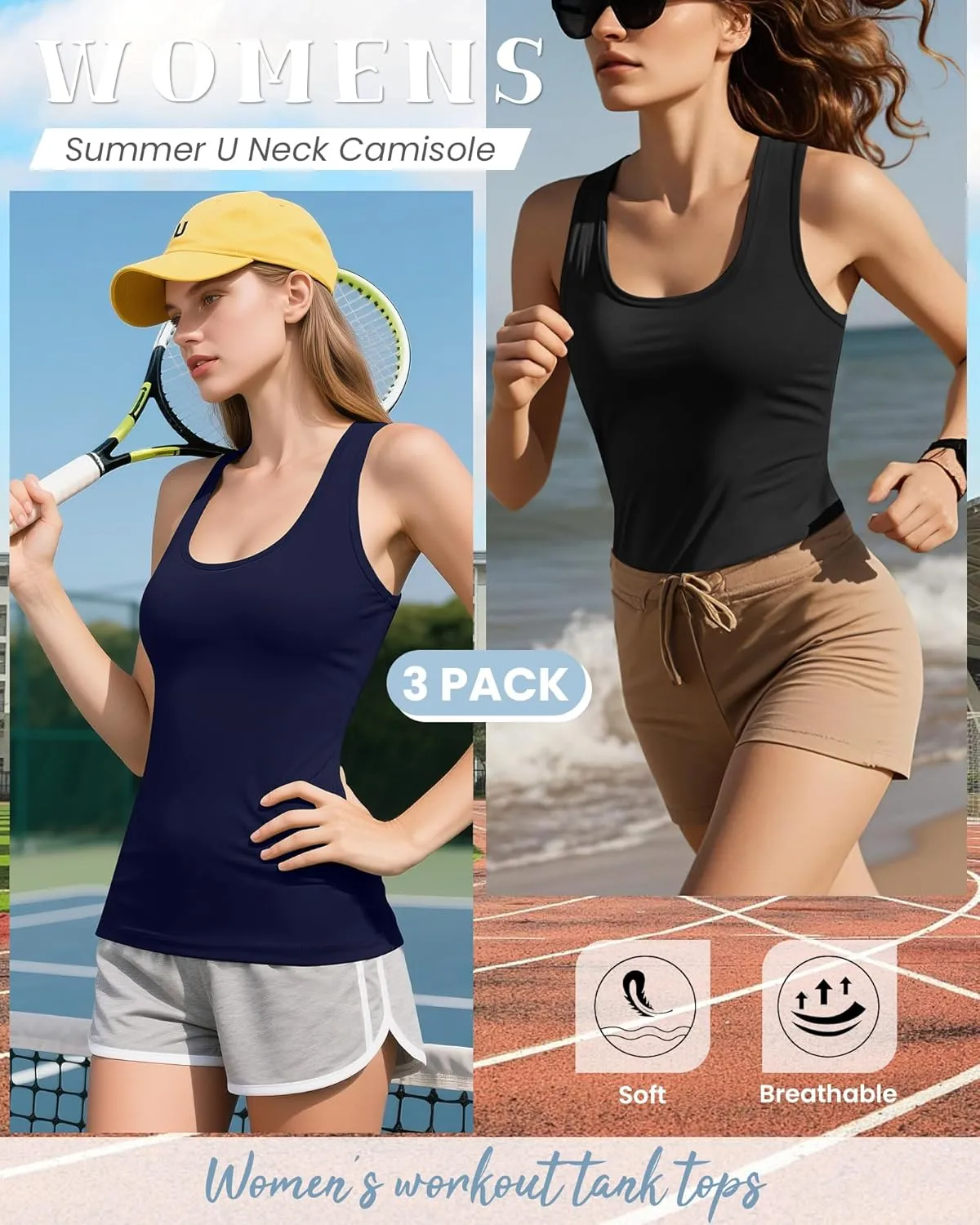 Huukeay 3 Pack Women's Racerback Tank Tops, Cotton Sleeveless Undershirt Tanks Slim Fit Stretch Yoga Workout Summer Top