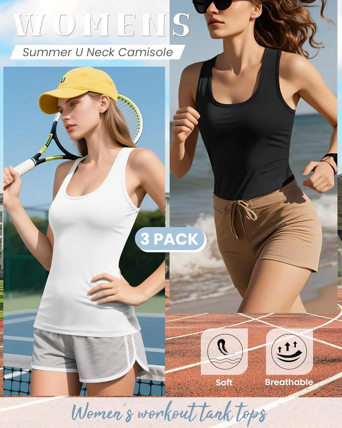 Huukeay 3 Pack Women's Racerback Tank Tops, Cotton Sleeveless Undershirt Tanks Slim Fit Stretch Yoga Workout Summer Top
