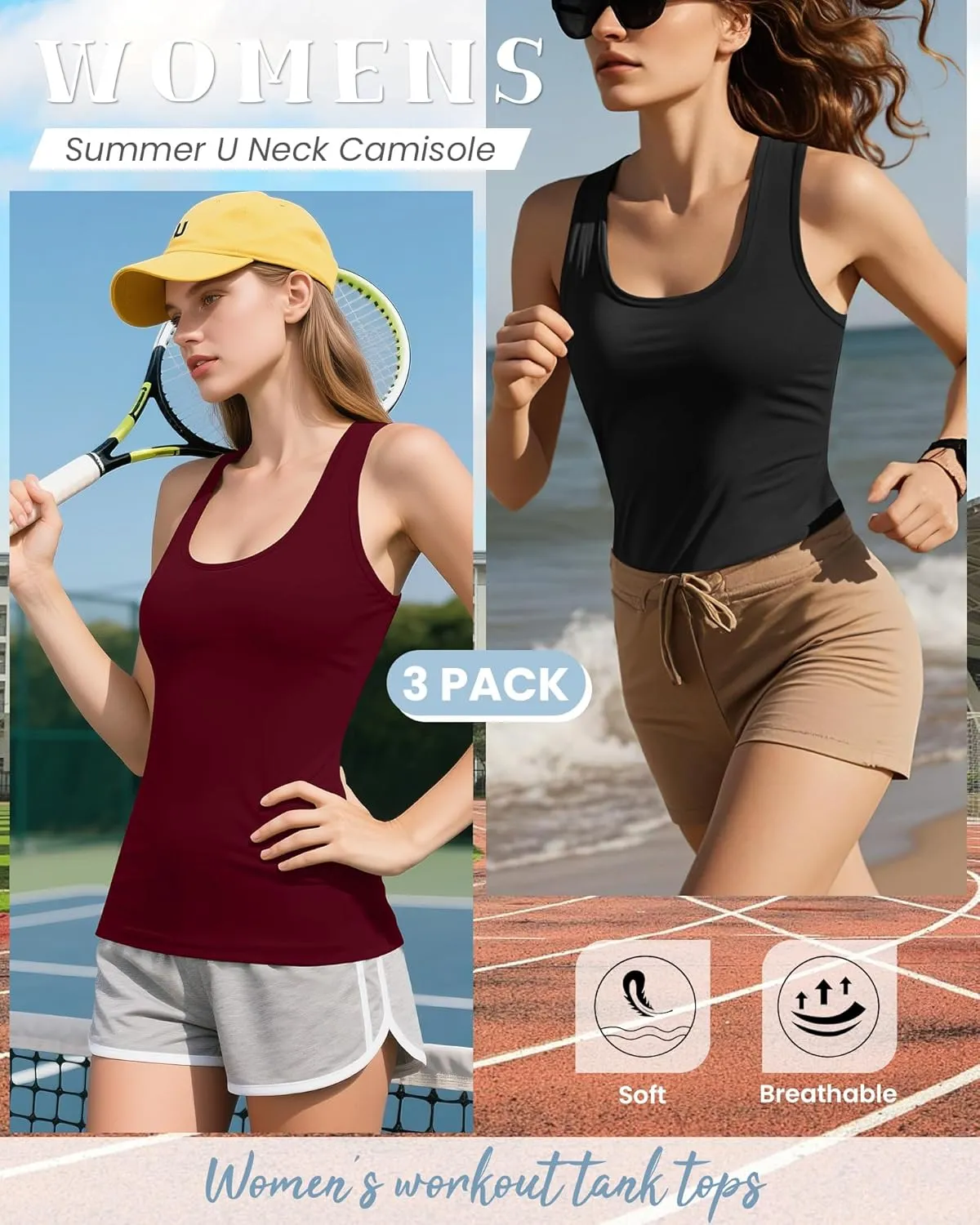 Huukeay 3 Pack Women's Racerback Tank Tops, Cotton Sleeveless Undershirt Tanks Slim Fit Stretch Yoga Workout Summer Top
