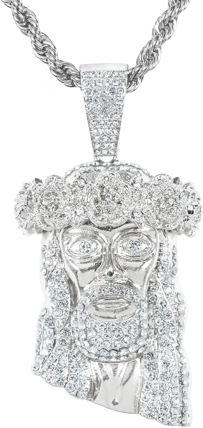 ICE STAR Men's Iced-Out Thorn Crown Jesus Pendant Necklace with 24" Rope Chain - Hip-Hop Jewelry with Simulated Crystals