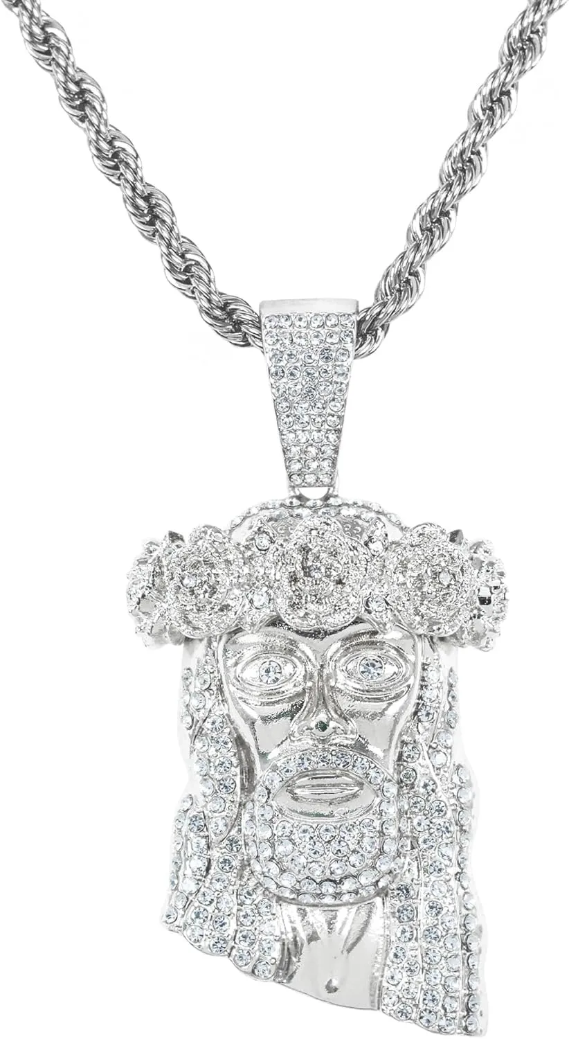 ICE STAR Men's Iced-Out Thorn Crown Jesus Pendant Necklace with 24" Rope Chain - Hip-Hop Jewelry with Simulated Crystals
