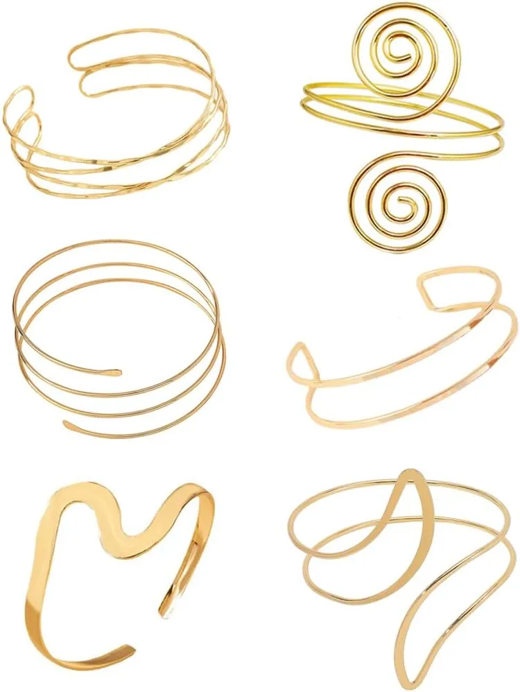 ItsStarred Minimalist Arm Cuff Gold, Upper Arm Cuff Bangle Bracelet, Arm Jewelry for Women, Adjustable Armband Set 6 Pieces