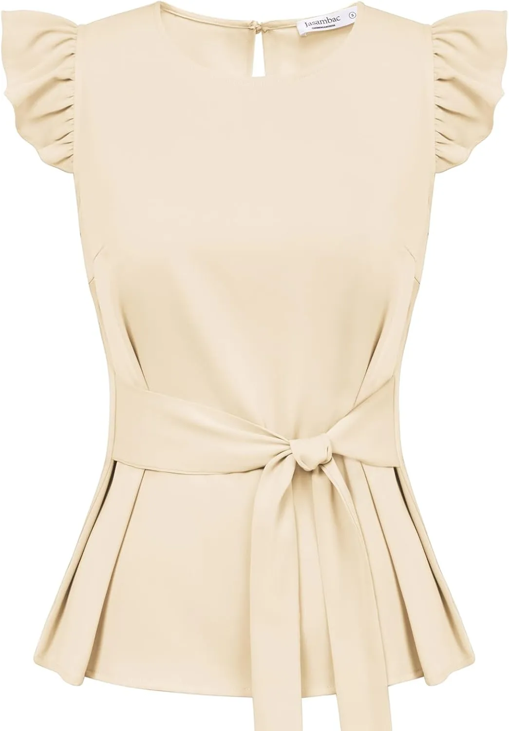 JASAMBAC Women Ruffle Sleeve Tops Summer Tie Waist Crew Neck Elegant Blouse Dressy Casual Business Work Tops