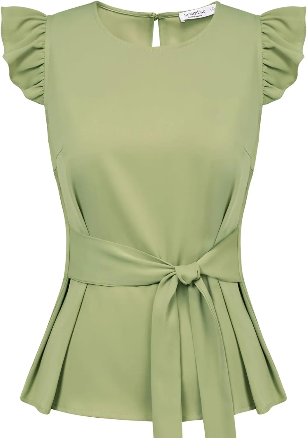 JASAMBAC Women Ruffle Sleeve Tops Summer Tie Waist Crew Neck Elegant Blouse Dressy Casual Business Work Tops