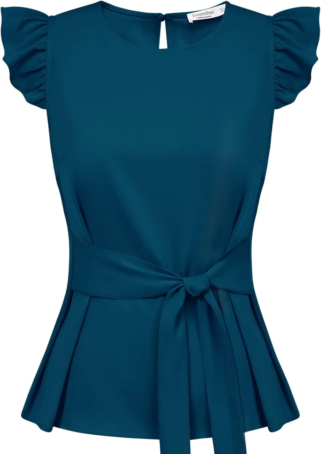 JASAMBAC Women Ruffle Sleeve Tops Summer Tie Waist Crew Neck Elegant Blouse Dressy Casual Business Work Tops