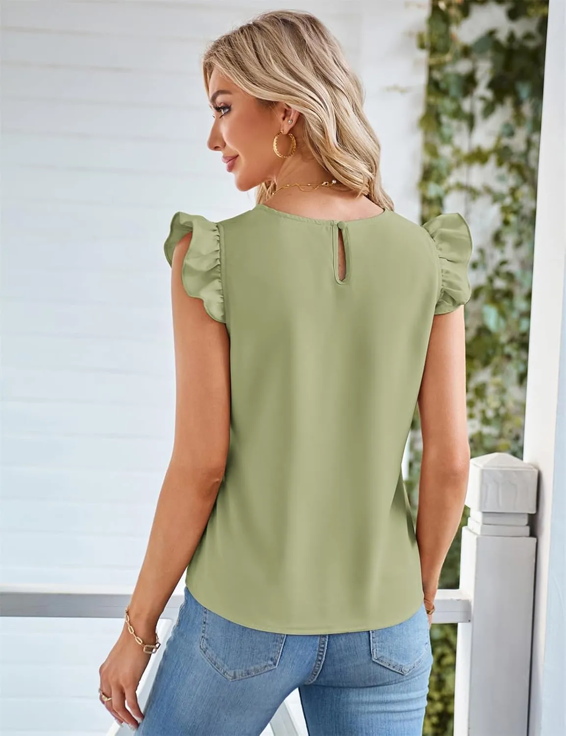 JASAMBAC Women Ruffle Sleeve Tops Summer Tie Waist Crew Neck Elegant Blouse Dressy Casual Business Work Tops