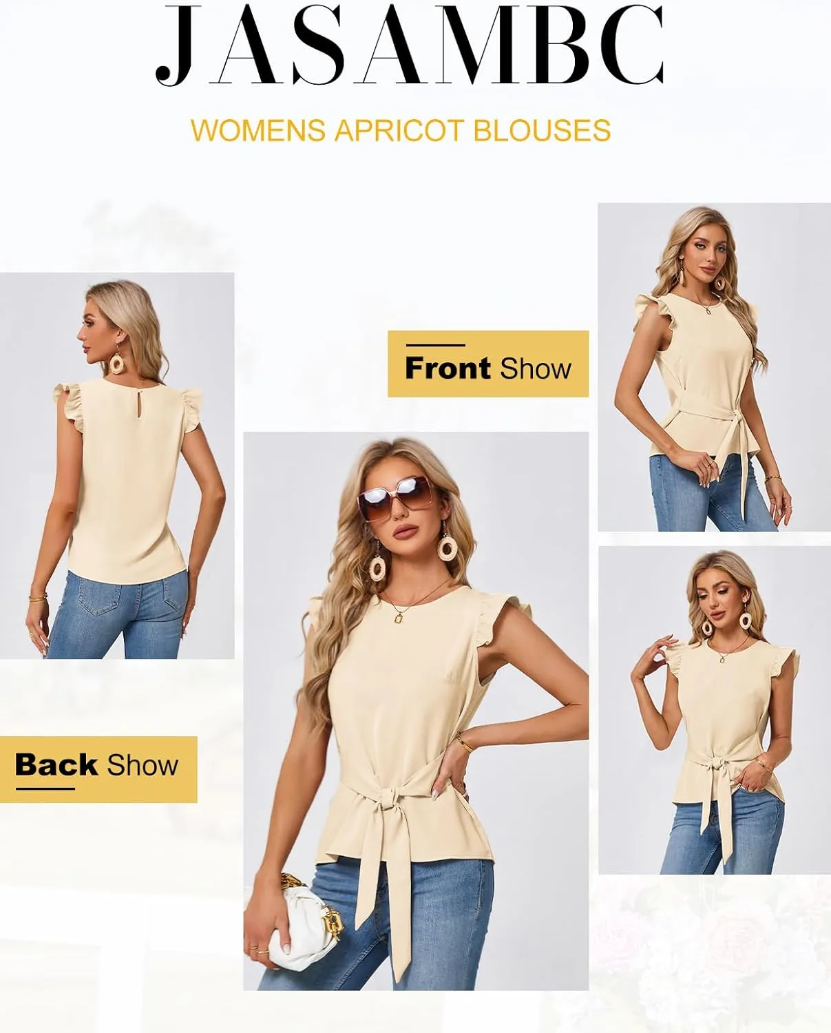 JASAMBAC Women Ruffle Sleeve Tops Summer Tie Waist Crew Neck Elegant Blouse Dressy Casual Business Work Tops