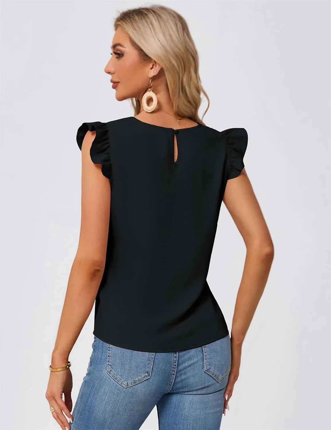 JASAMBAC Women Ruffle Sleeve Tops Summer Tie Waist Crew Neck Elegant Blouse Dressy Casual Business Work Tops