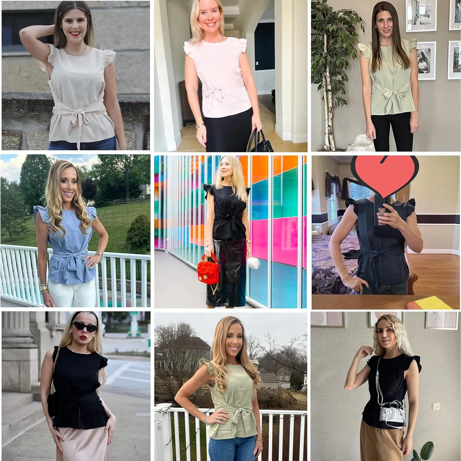JASAMBAC Women Ruffle Sleeve Tops Summer Tie Waist Crew Neck Elegant Blouse Dressy Casual Business Work Tops