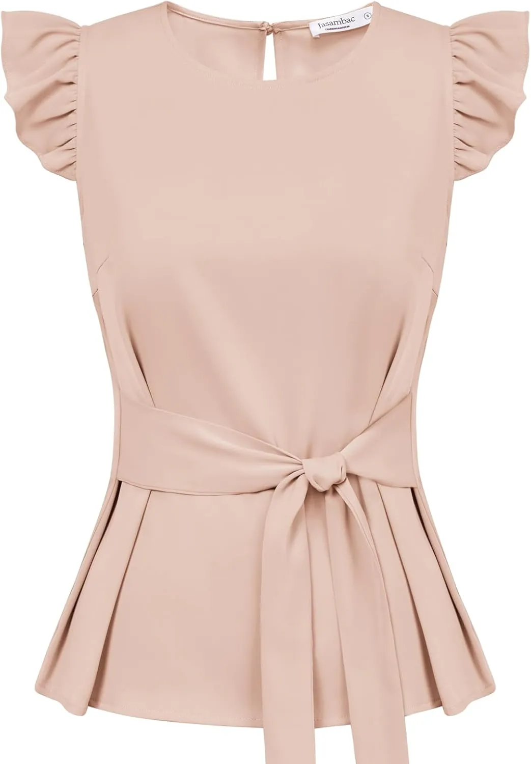 JASAMBAC Women Ruffle Sleeve Tops Summer Tie Waist Crew Neck Elegant Blouse Dressy Casual Business Work Tops