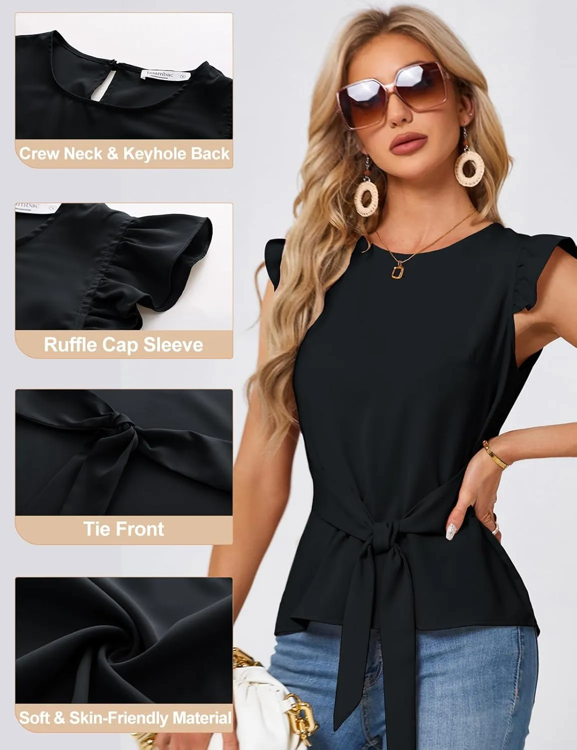 JASAMBAC Women Ruffle Sleeve Tops Summer Tie Waist Crew Neck Elegant Blouse Dressy Casual Business Work Tops