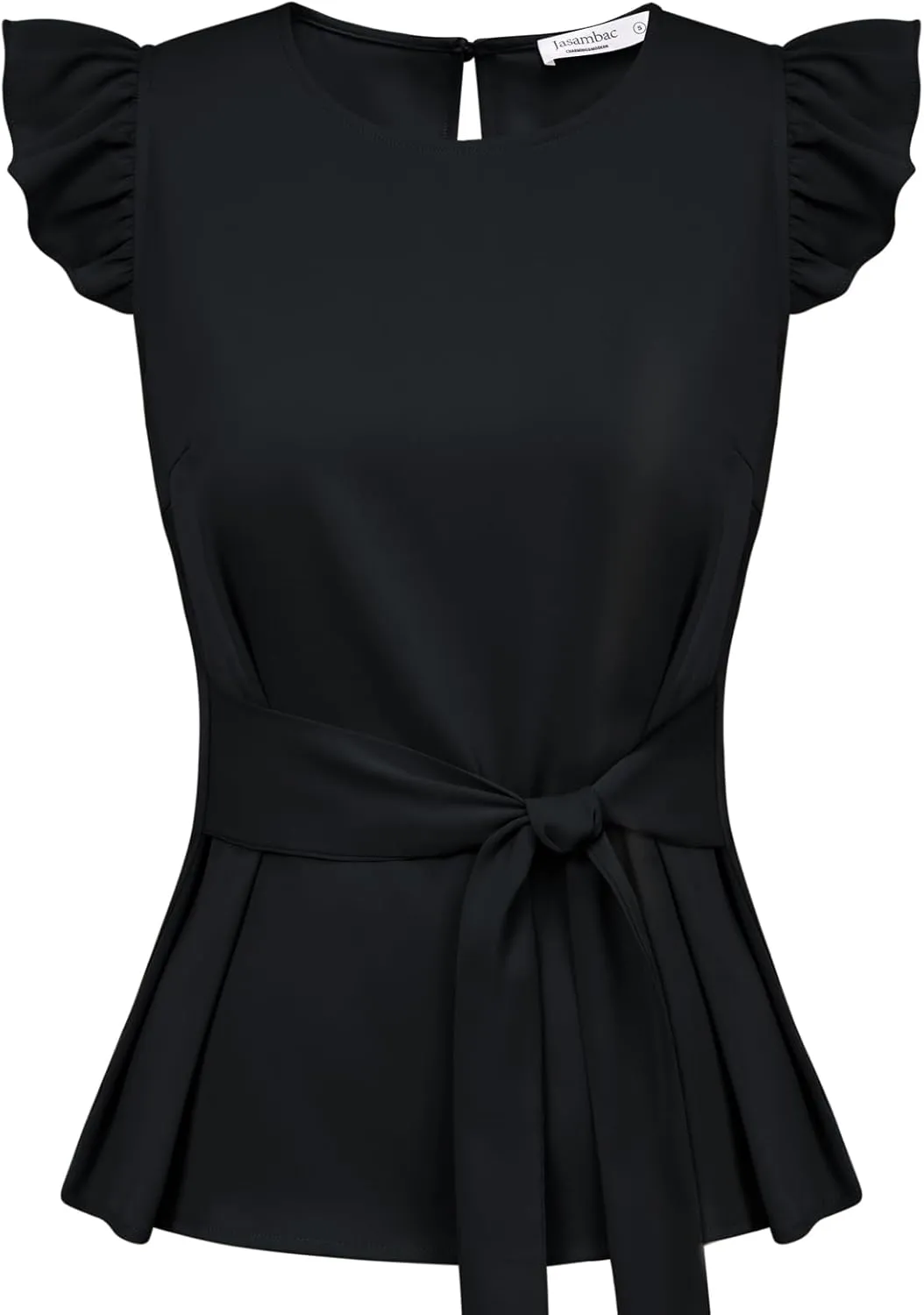 JASAMBAC Women Ruffle Sleeve Tops Summer Tie Waist Crew Neck Elegant Blouse Dressy Casual Business Work Tops
