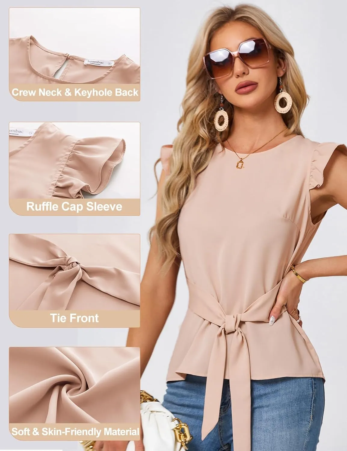 JASAMBAC Women Ruffle Sleeve Tops Summer Tie Waist Crew Neck Elegant Blouse Dressy Casual Business Work Tops