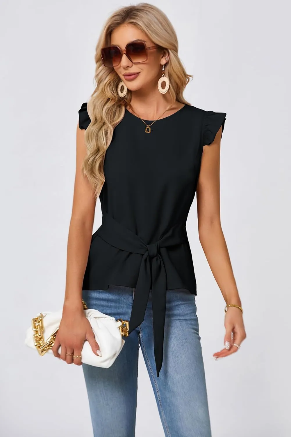 JASAMBAC Women Ruffle Sleeve Tops Summer Tie Waist Crew Neck Elegant Blouse Dressy Casual Business Work Tops