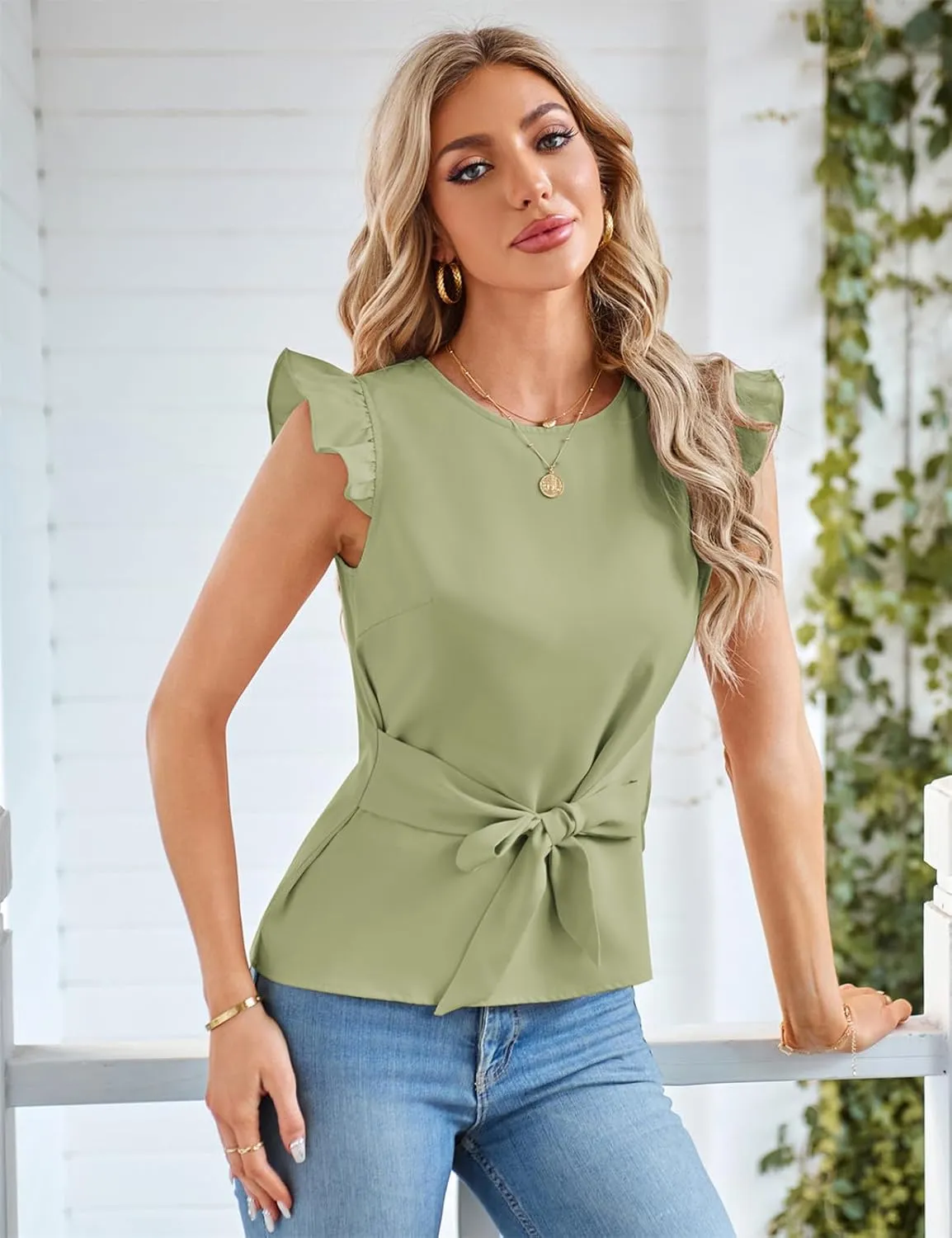 JASAMBAC Women Ruffle Sleeve Tops Summer Tie Waist Crew Neck Elegant Blouse Dressy Casual Business Work Tops