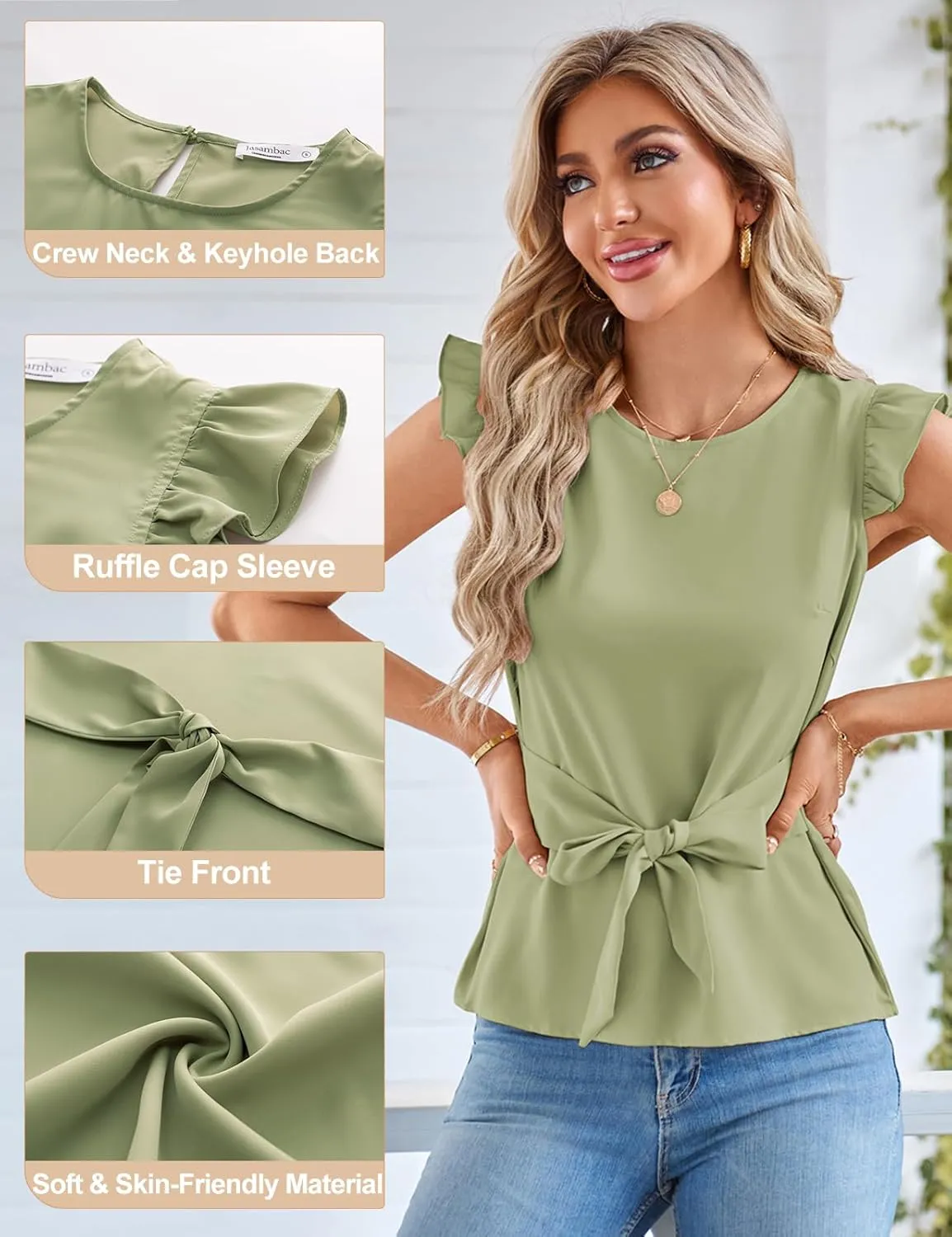 JASAMBAC Women Ruffle Sleeve Tops Summer Tie Waist Crew Neck Elegant Blouse Dressy Casual Business Work Tops