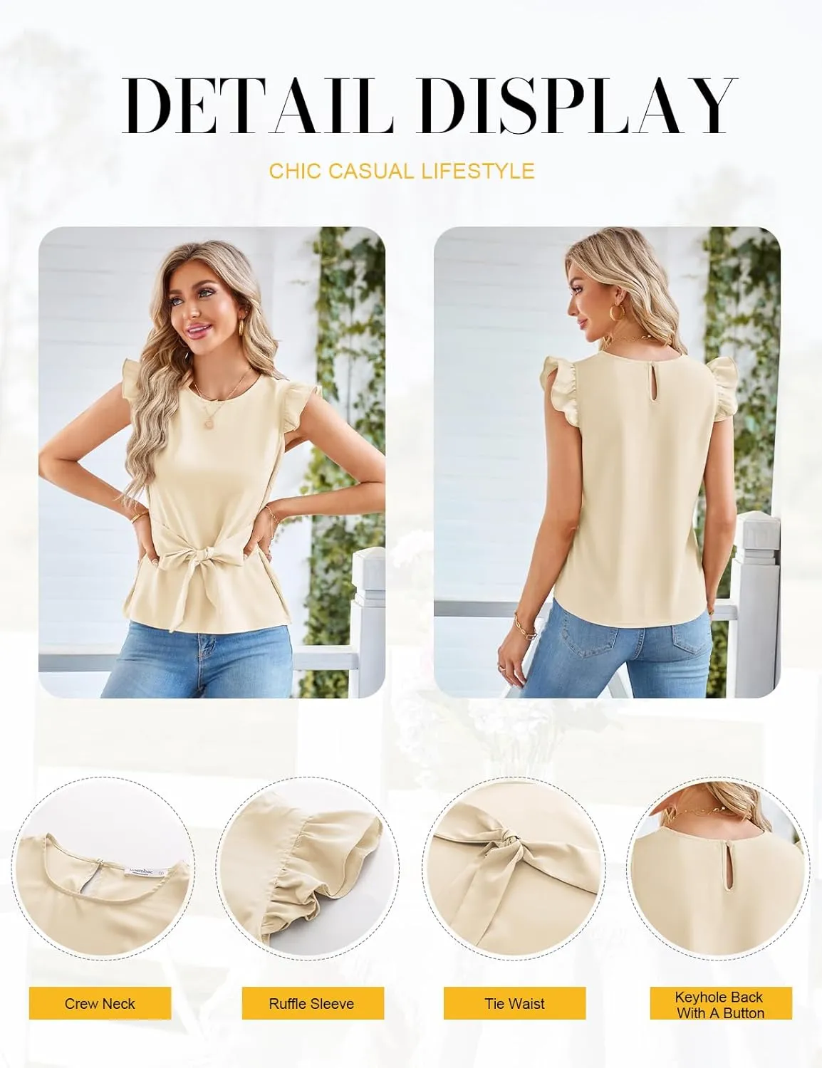 JASAMBAC Women Ruffle Sleeve Tops Summer Tie Waist Crew Neck Elegant Blouse Dressy Casual Business Work Tops