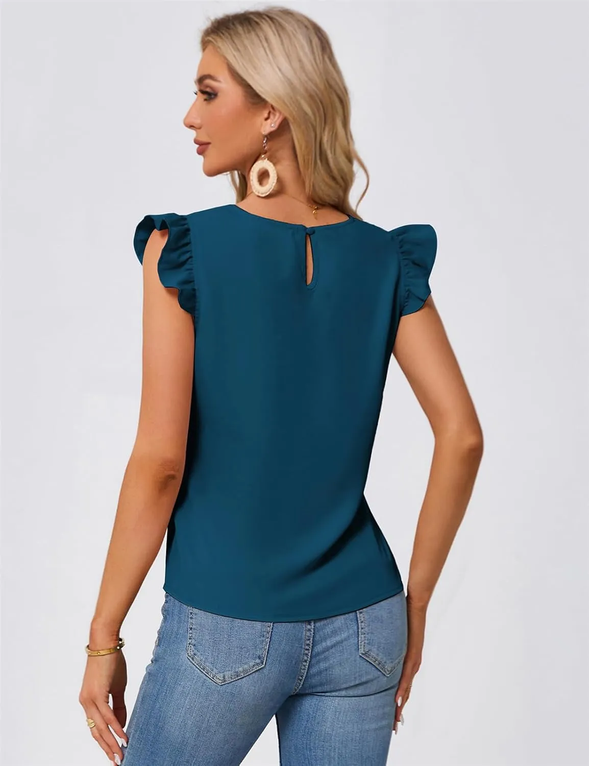 JASAMBAC Women Ruffle Sleeve Tops Summer Tie Waist Crew Neck Elegant Blouse Dressy Casual Business Work Tops