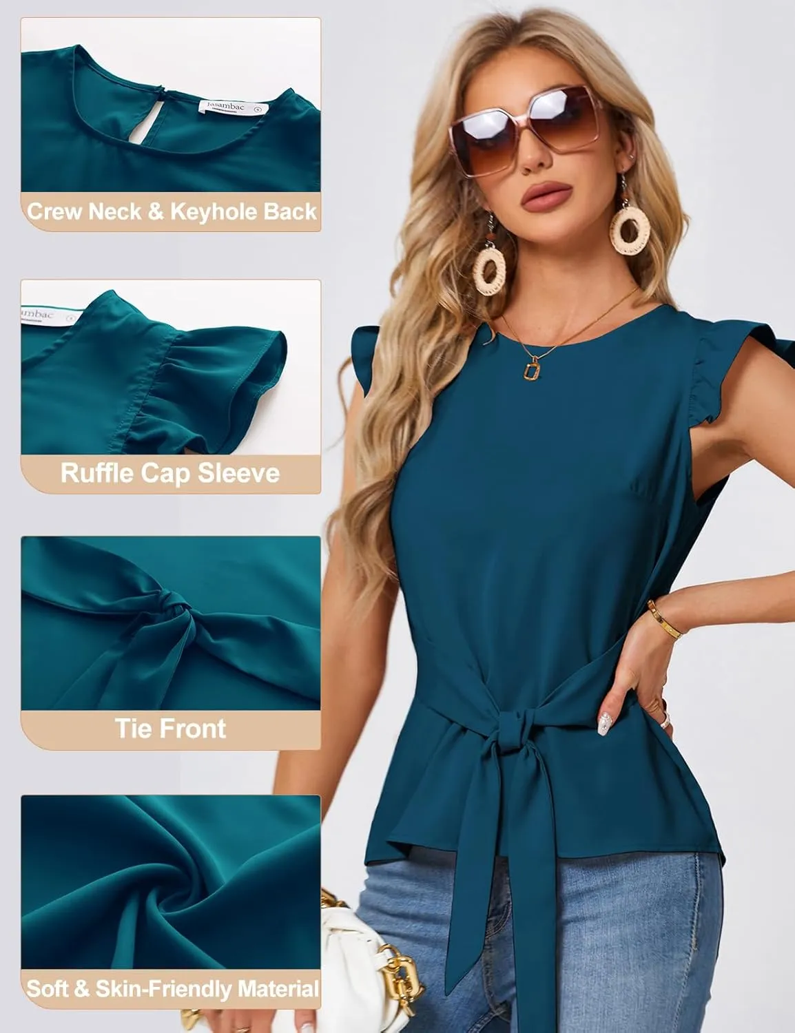 JASAMBAC Women Ruffle Sleeve Tops Summer Tie Waist Crew Neck Elegant Blouse Dressy Casual Business Work Tops