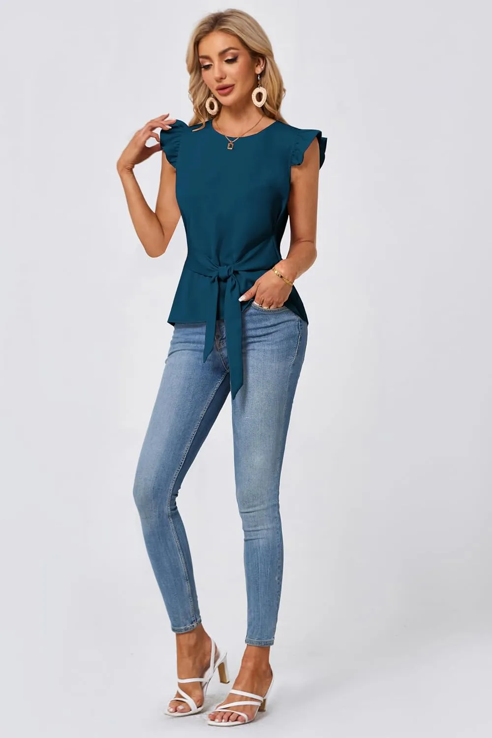 JASAMBAC Women Ruffle Sleeve Tops Summer Tie Waist Crew Neck Elegant Blouse Dressy Casual Business Work Tops