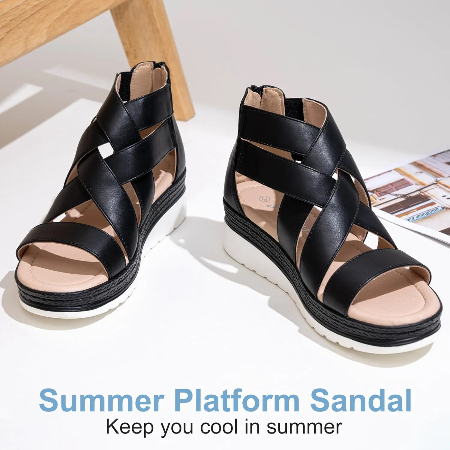 Jeossy Women's Platform Wedge Sandals White Pu Strappy Summer 866 Sandals Dressy with Zipper