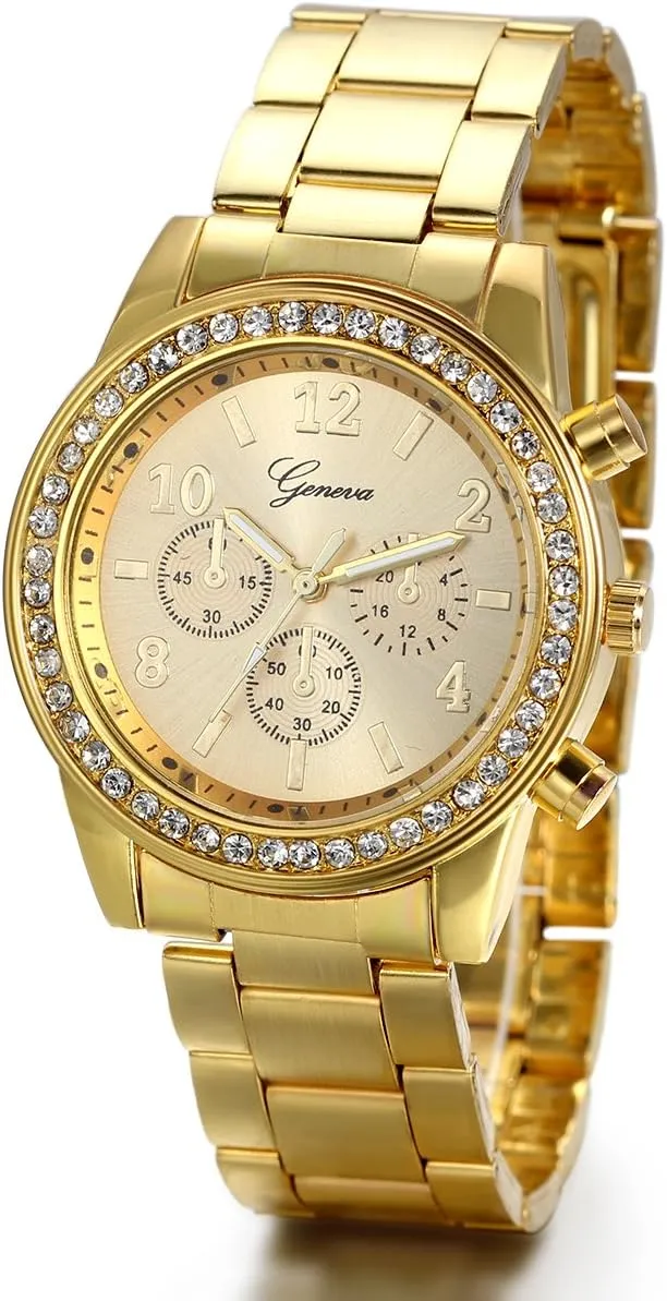 JewelryWe Luxury Mens Women's Gold Dress Watch Stainless Steel Bling Rhinestones Quartz Wrist Watches