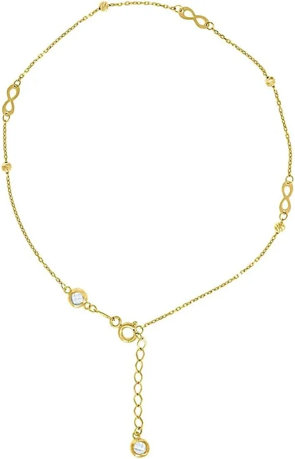 JewelryWeb 10k Yellow Gold Womens Cubic Zirconia Diamond-Cut Beaded Infinity Charms Chain Anklet 9   1 Inch 3mm Wide-Anklet for Women and Men