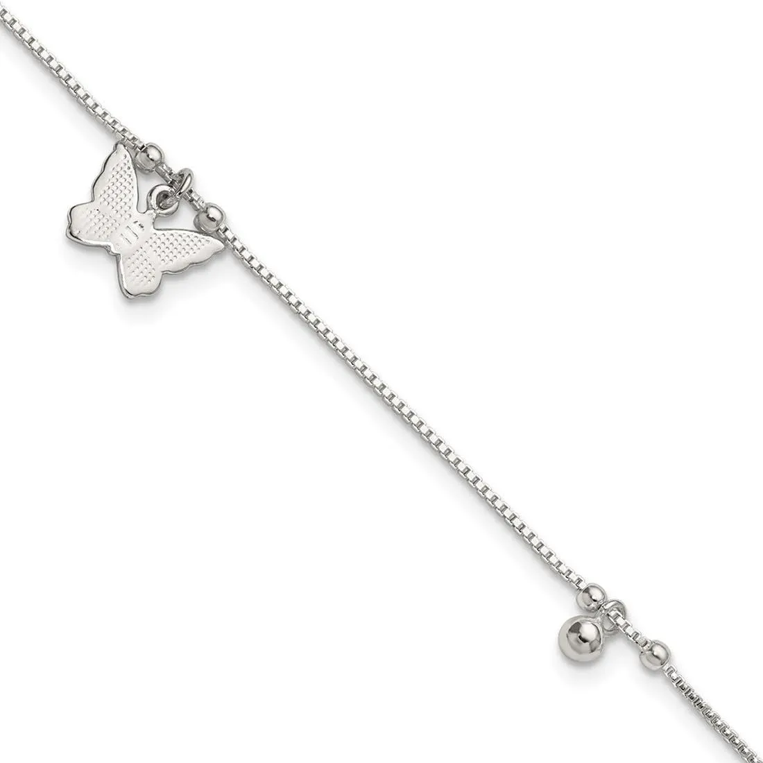 JewelryWeb 1.1mm 925 Sterling Silver Textured and Beaded Butterfly Angel Wings Plus 1in Extension Anklet 9 Inch-Anklet for Women