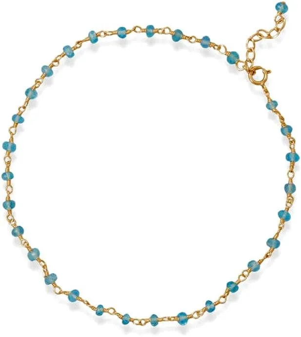 JewelryWeb 14k Gold Plated 925 Sterling Silver 9.5 Inch   1 Inch Apatite Bead Anklet Hand Beaded Chain a Spring-Ring Closure-Anklet for Women and Men