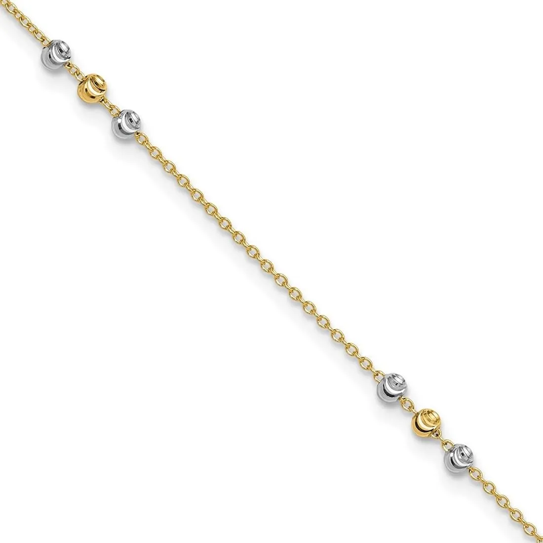 JewelryWeb 14k Two tone Gold Polished Sparkle Cut Beaded Plus 1 In Ext. Anklet 9 Inch 0.75mm Wide-Anklet for Women