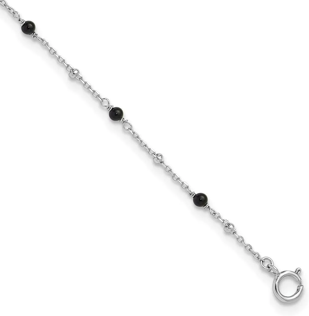 JewelryWeb 3mm 925 Sterling Silver Rhodium Plated Simulated Onyx Beaded Plus 1in Extension Anklet 9.25 Inch-Anklet for Women