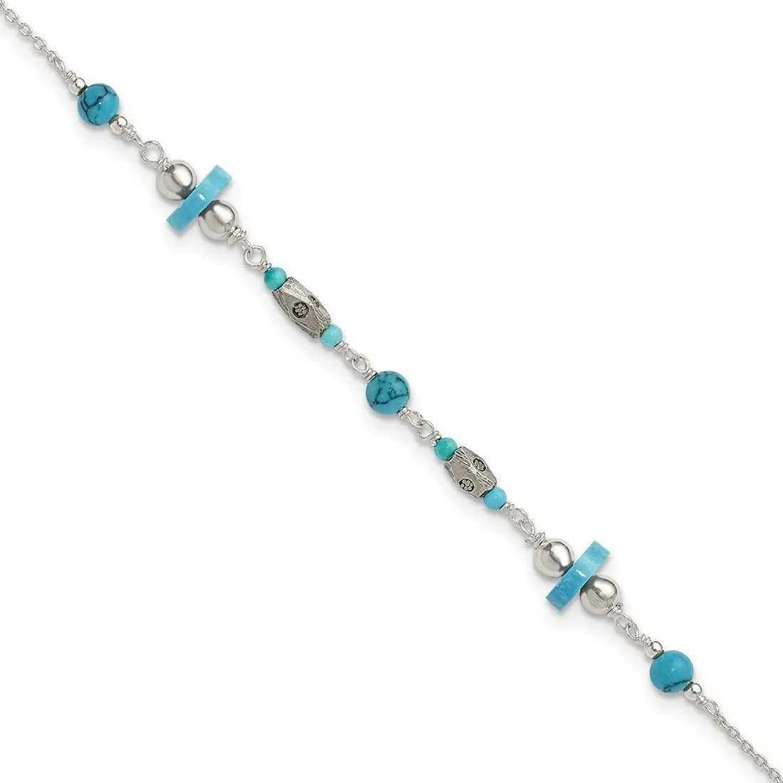 JewelryWeb 7mm 925 Sterling Silver Artisan Oxidized Simulated Turquoise Beaded Anklet 10 Inch-Anklet for Women