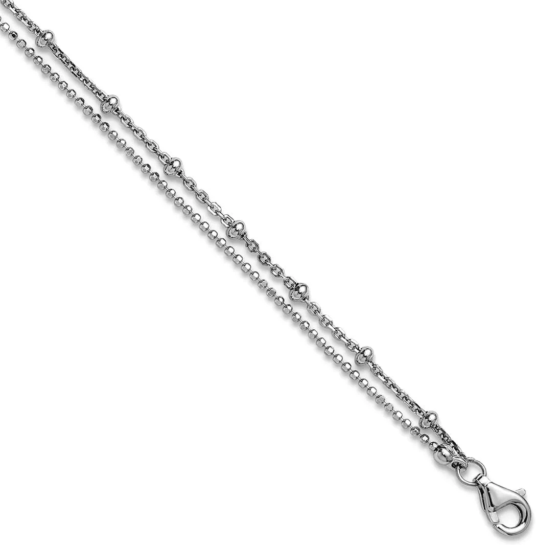 JewelryWeb 925 Sterling Silver Rhodium Plated Beaded 2 strand Plus 1in Extension Anklet 9 Inch 1mm Wide-Anklet for Women