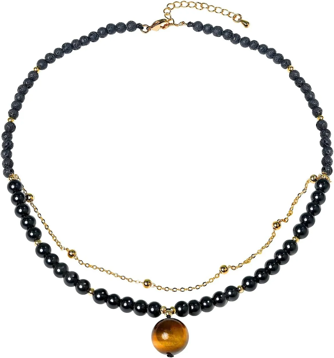 Jewever Layered Necklaces for Women Tiger Eye Pendant Black Obsidian Beaded Crystals and Gemstones Plated 14k Gold Chain Necklace Jewelry Gifts for Her Mom
