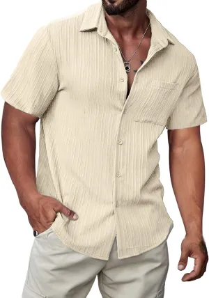 JMIERR Hawaiian Shirt for Men Button Down Short Sleeve Shirts Textured Casual Summer Beach Linen Shirts