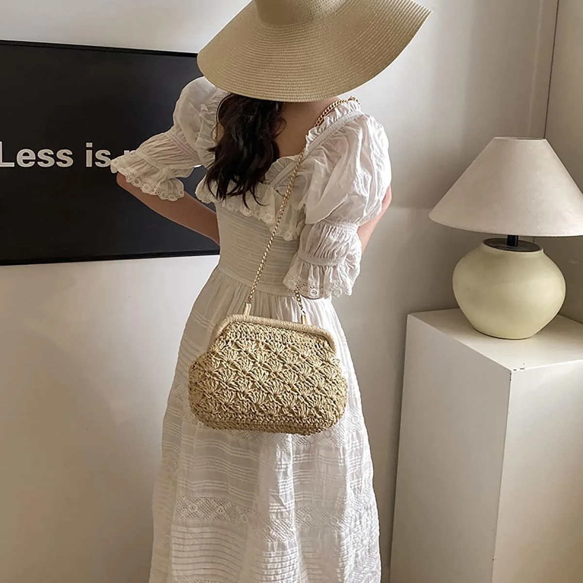 JYG Straw Clutch Purse for Women Cloud Dumpling Crossbody Shoulder Bags Summer Beach Handbag with Detachable Strap