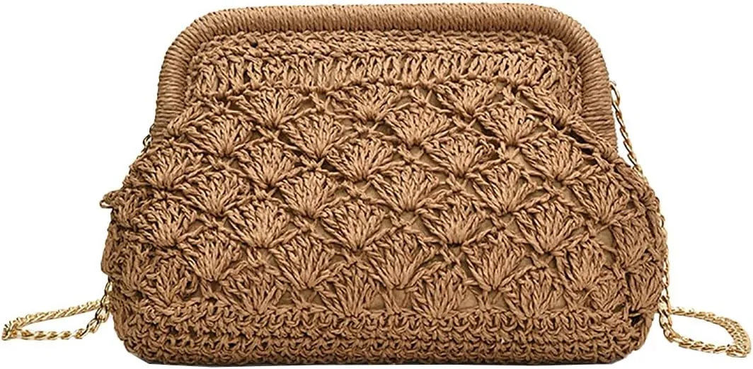 JYG Straw Clutch Purse for Women Cloud Dumpling Crossbody Shoulder Bags Summer Beach Handbag with Detachable Strap