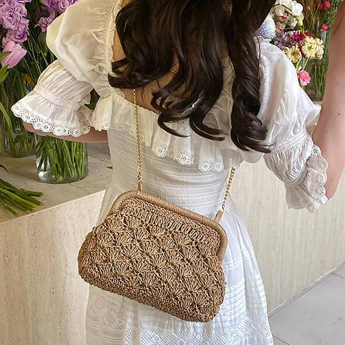 JYG Straw Clutch Purse for Women Cloud Dumpling Crossbody Shoulder Bags Summer Beach Handbag with Detachable Strap