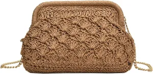 JYG Straw Clutch Purse for Women Cloud Dumpling Crossbody Shoulder Bags Summer Beach Handbag with Detachable Strap