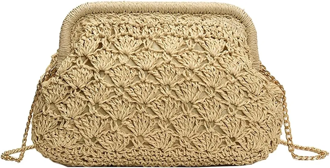 JYG Straw Clutch Purse for Women Cloud Dumpling Crossbody Shoulder Bags Summer Beach Handbag with Detachable Strap